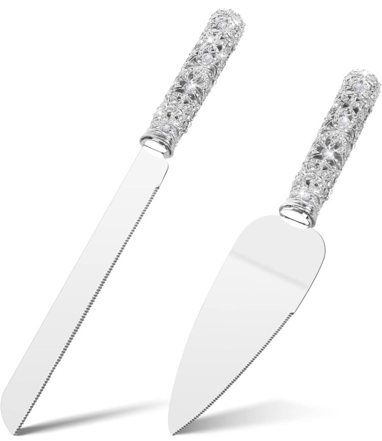 Wedding Cake Knife and Server Set - 2 Piece Dessert Set Crystal Handle with M...