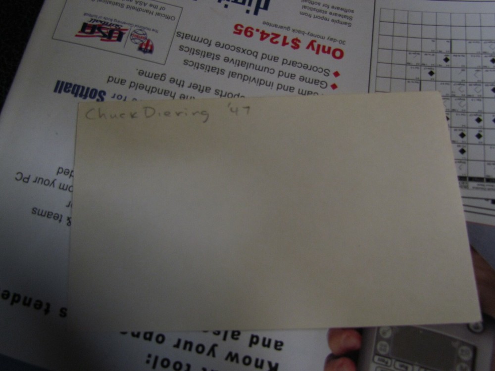 Chuck Diering autographed index card