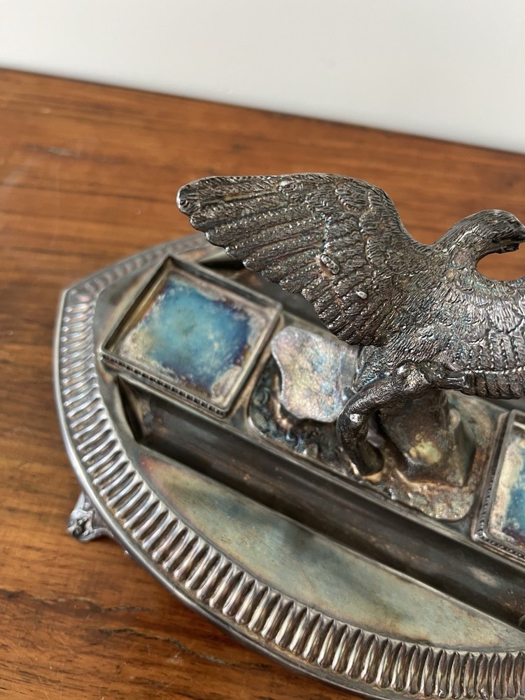 James Deakin Sons Victorian Silver Plated Eagle Inkwell Stand Figural