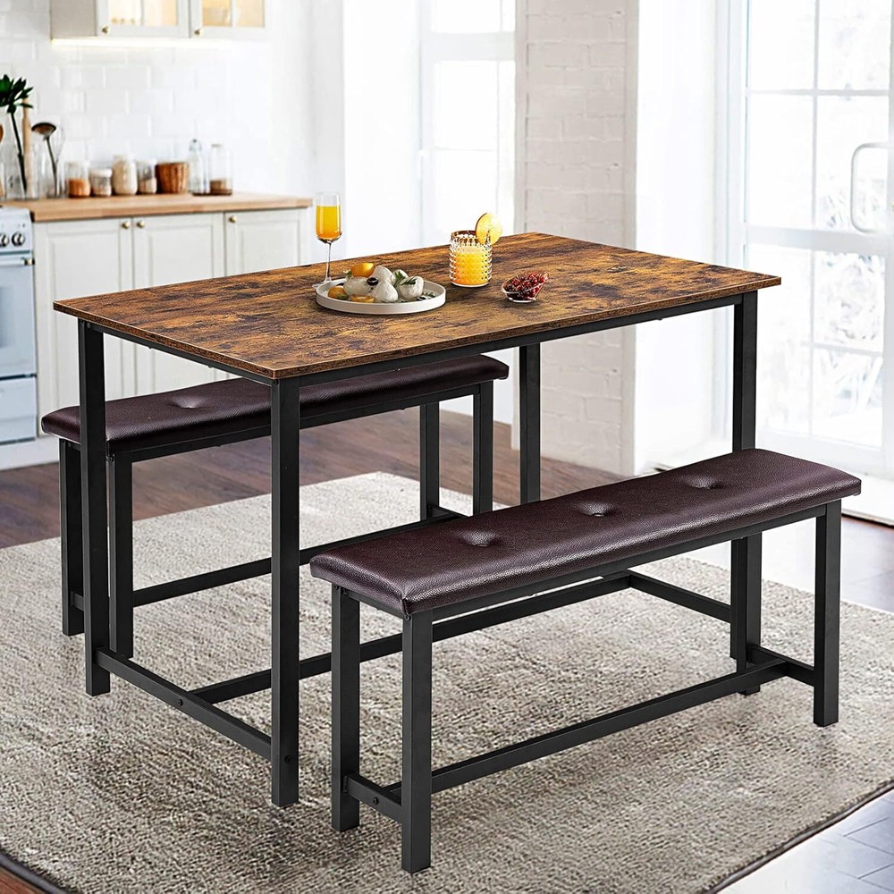 3 Piece Dining Room Table Set for 4 Kitchen Table and 2 Upholstered Benches Home