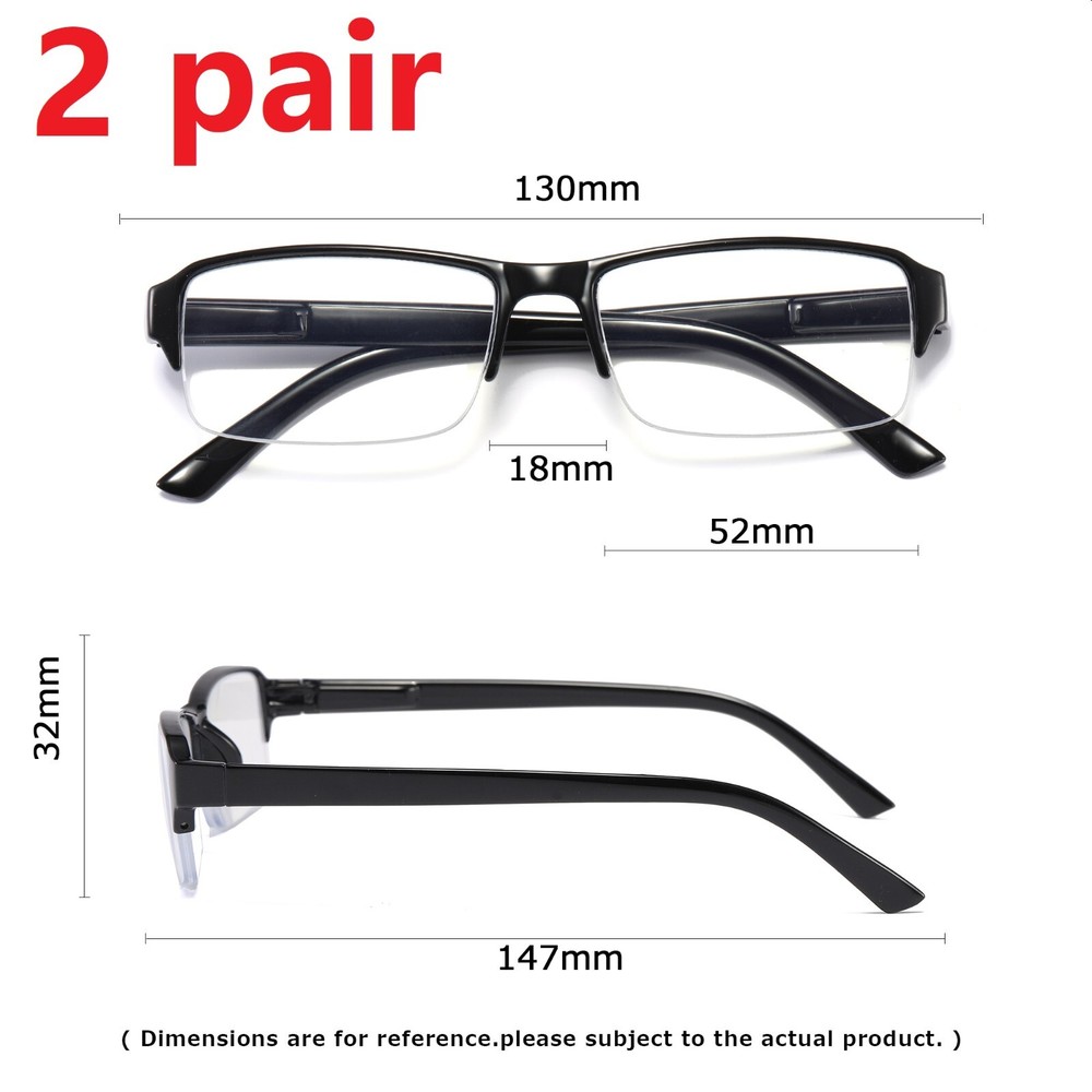 2 Pair Black Mens Womens Half Frame Reading Glasses Blue Light Blocking Readers