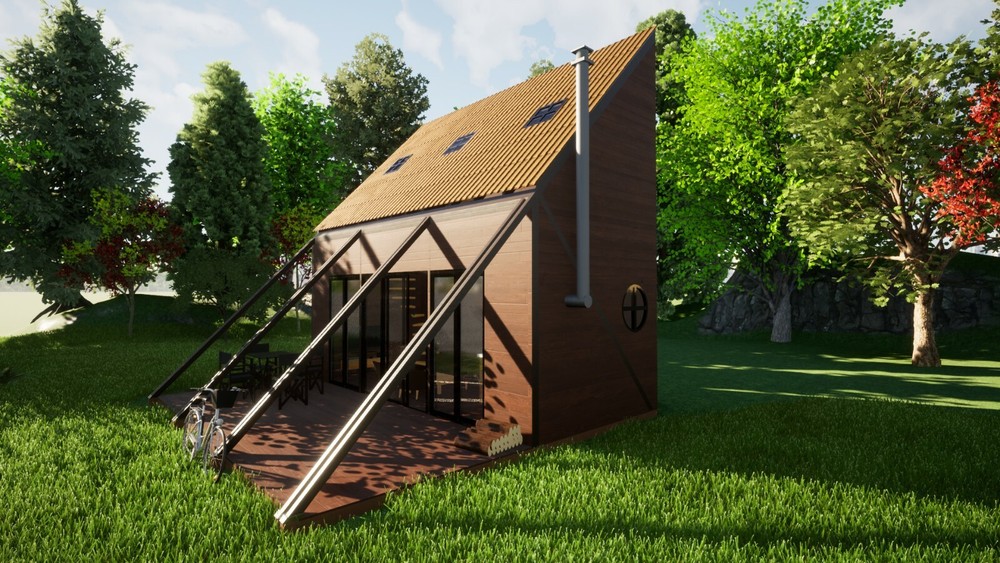 Custom Cabin A-Frame House Plan with Exterior Tiny 3D Images & PDF for Blueprint