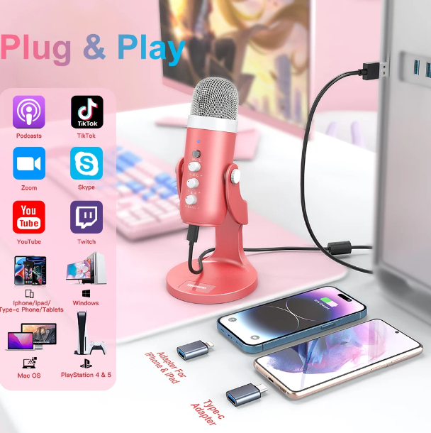 Gaming USB Pink Microphone with Quick Mute for Phone Computer PC PS5, Studio