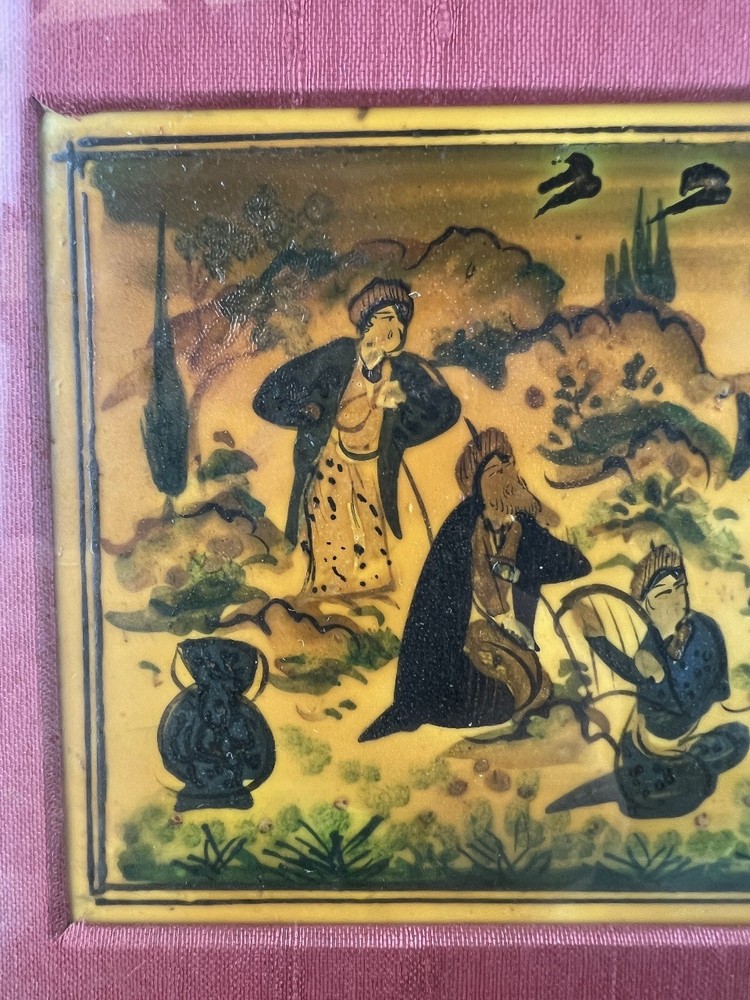 Vtg Middle Eastern Framed Small Hand-Painted Gathering Scene on Camel Bone