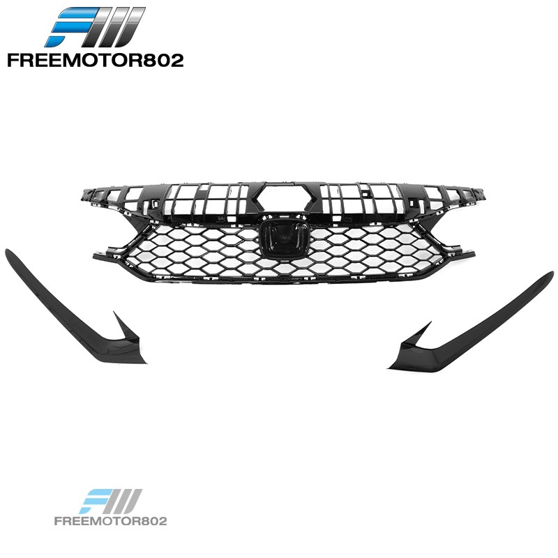 For 25-26 Civic Type R Front Bumper Lower Upper Mesh Grilles Kit Gloss Black ABS