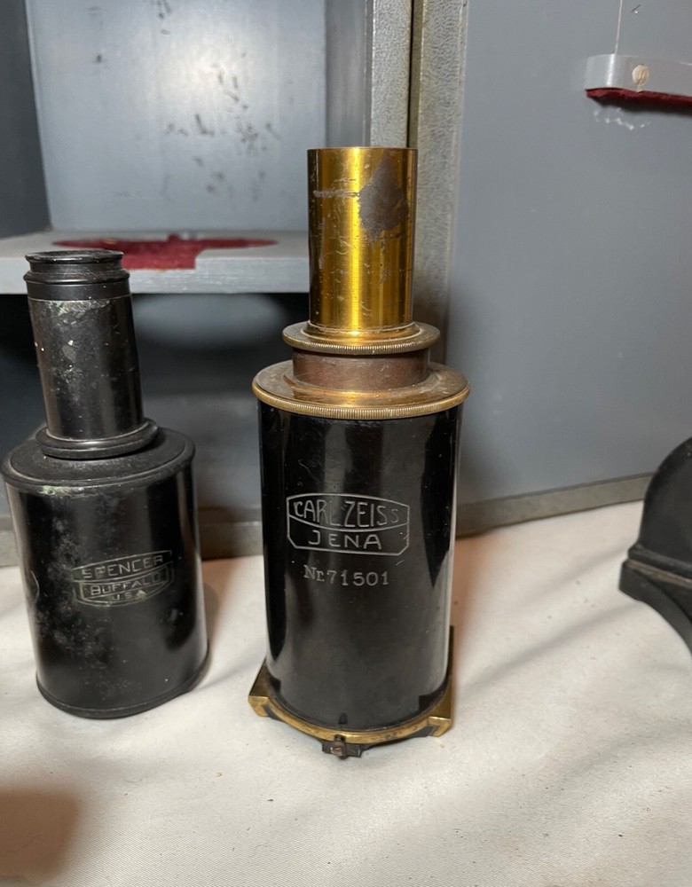 antique Carl Zeiss Spencer Buffalo binocular lab microscope brass attachments