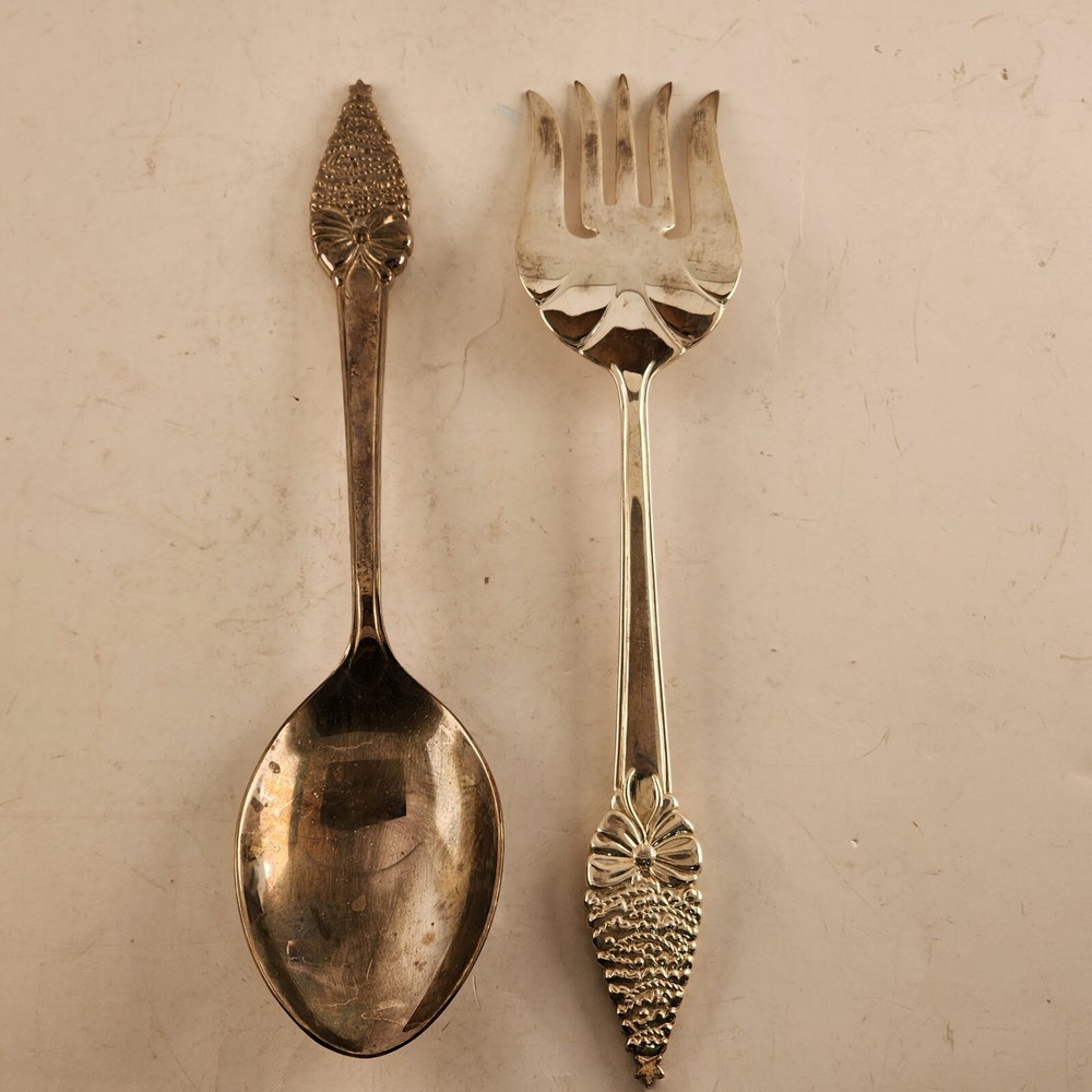 Christmas Tree Salad Serving Set Silver Plated Fork & Spoon Bow Handles Vintage