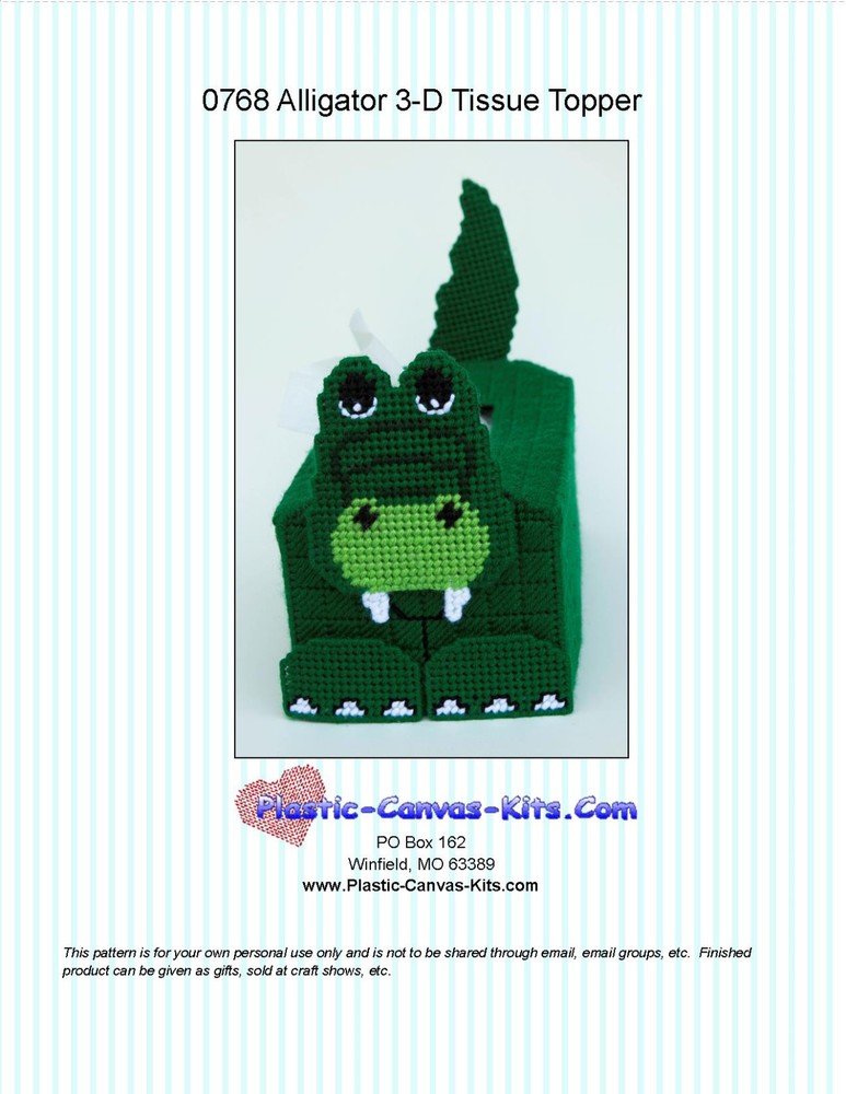 Alligator 3-D Tissue Topper-Plastic Canvas Pattern or Kit