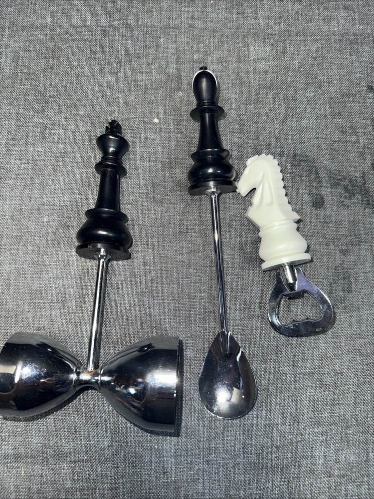 Vintage MCM Chess Pieces Bar Ware Tools Set Novelty