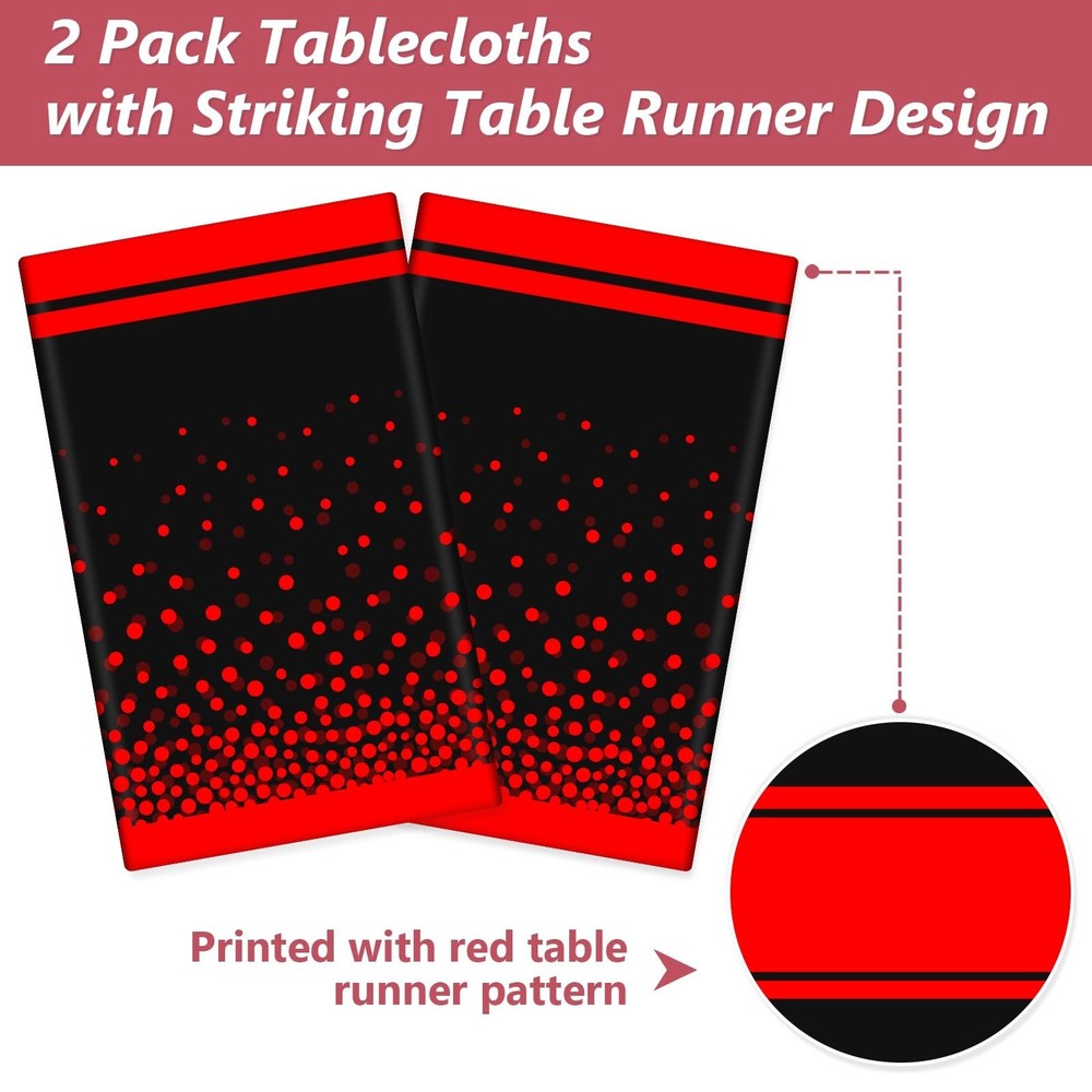 Red and Black Tablecloth Party Decorations 2 Pack, Disposable Plastic Table C...