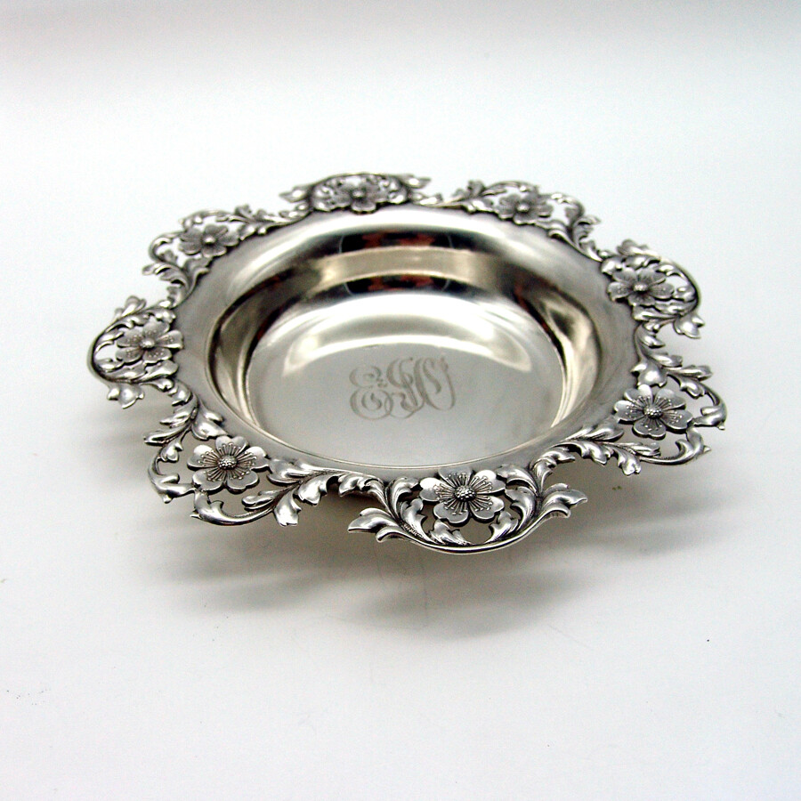 Bottle Coaster Cherry Blossom Border Sterling Silver 1890s Mono EJO