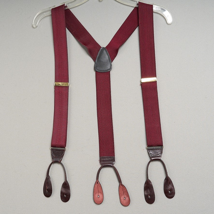 Men's Suspenders Burgundy Stretch Leather Button Ends Adjustable