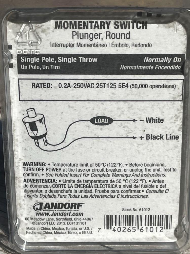 Jandorf Refrigerator Momentary Plunger Round SWITCH Single pole White 61012 E20