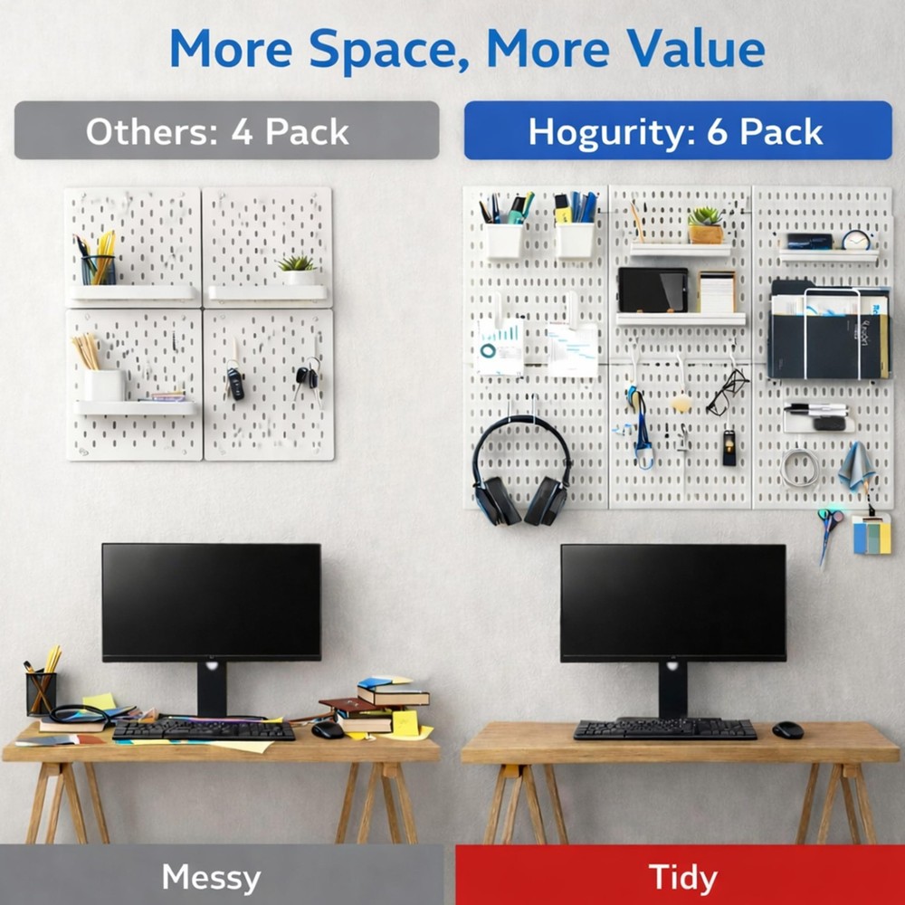 Peg Board, 24"x36" Pegboard Wall Organizer, Includes 6PCS White Peg Boards an...