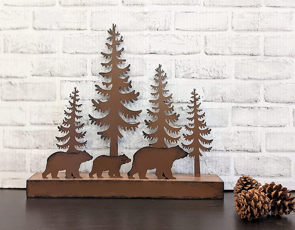 Rustic Brown Metal Bear Forest Silhouette Ambient Light NightStand Table Lamp