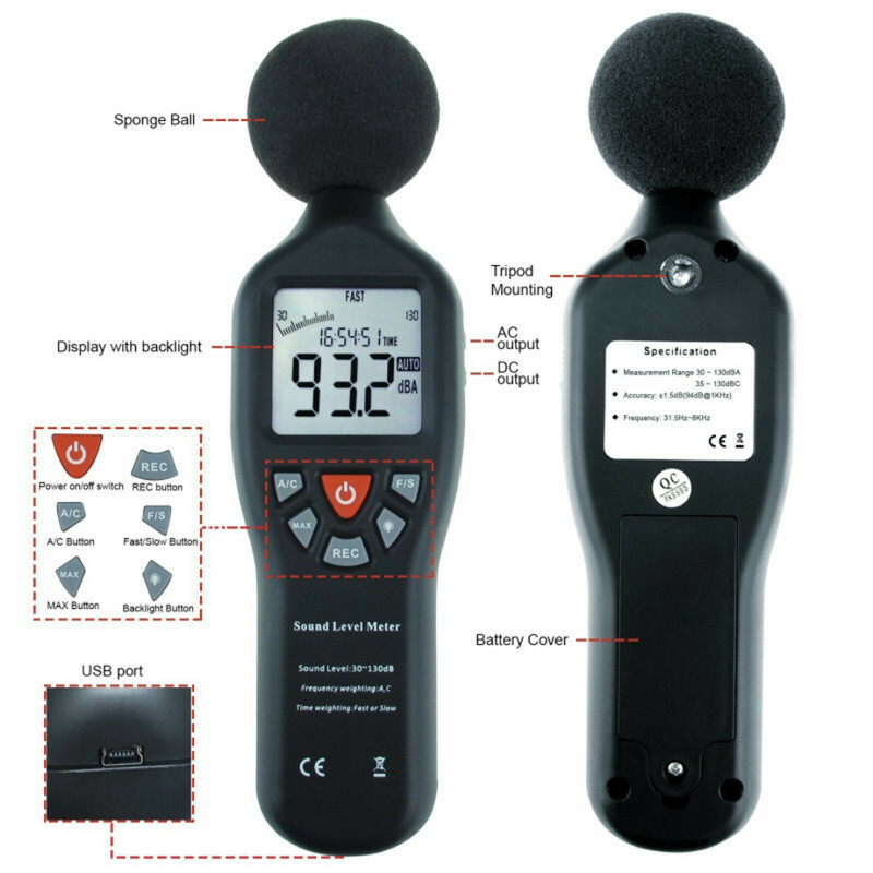Sound Level Meter Data Logging Function 30dB~130dB Noise Tester Measuring Range