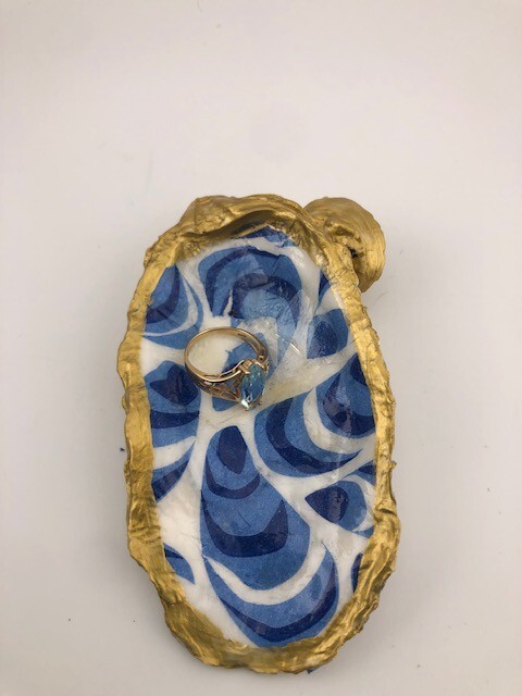 Hand Crafted Preppy Blue Mussels Decoupage Oyster Shell