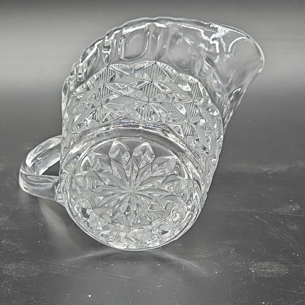 Vintage Creamer Pitcher Pressed Glass Crystal Diamond Pattern Handle 3.75" Tall