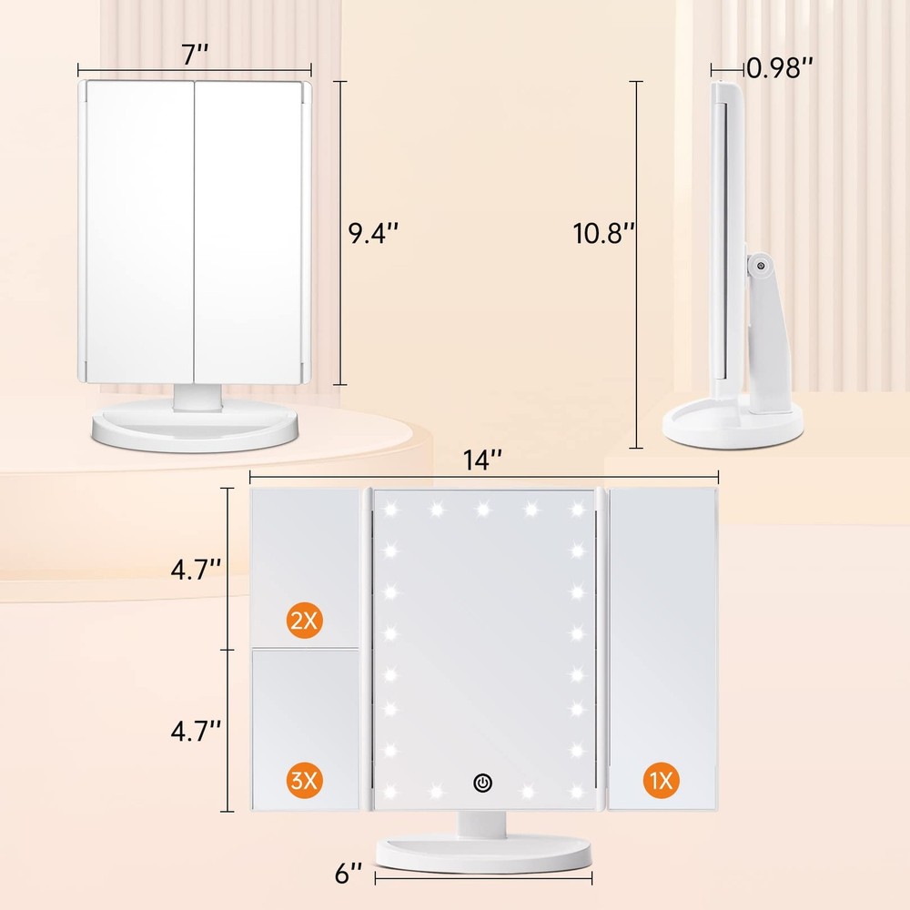Trifold Vanity Mirror with Lights Lighted Makeup Mirror 2X/3X Magnification 2...