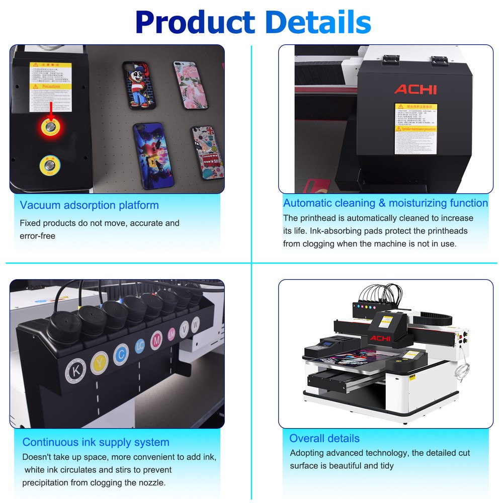 ACHI UV 6090 XP600 Printer DTG Flatbed Printer Vacuum Platform 8 Color US Ship
