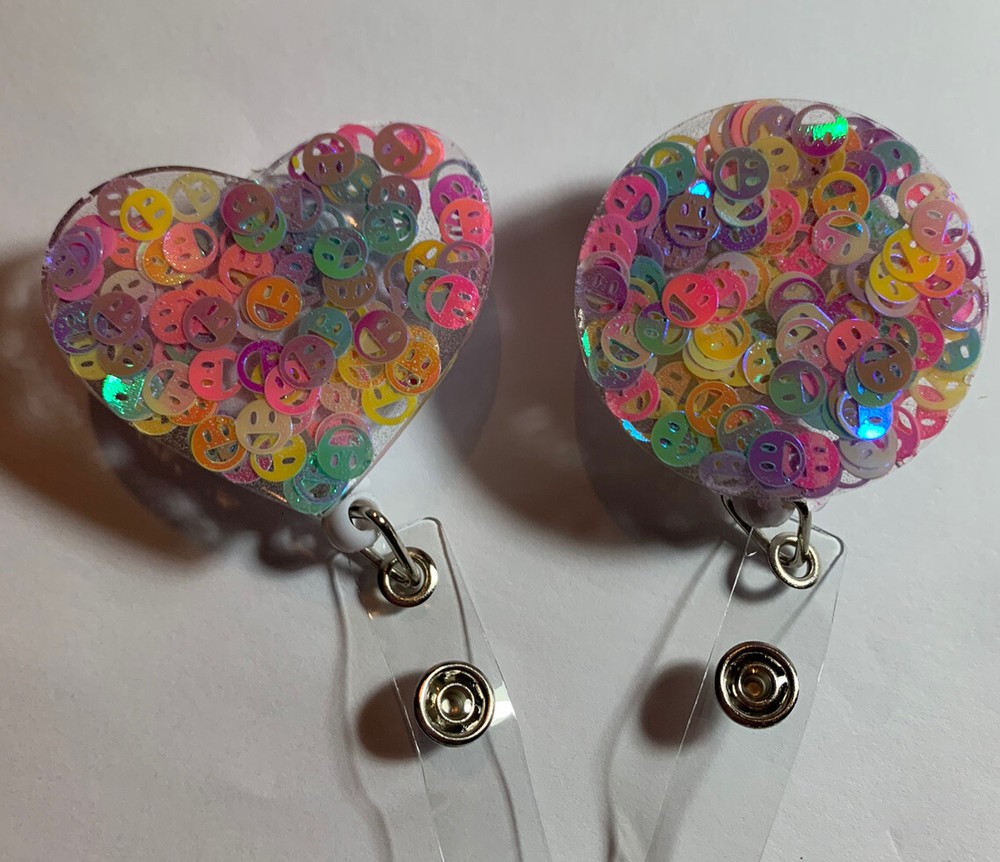 retractable badge holder Reel.  Sparkly Smiley Faces.