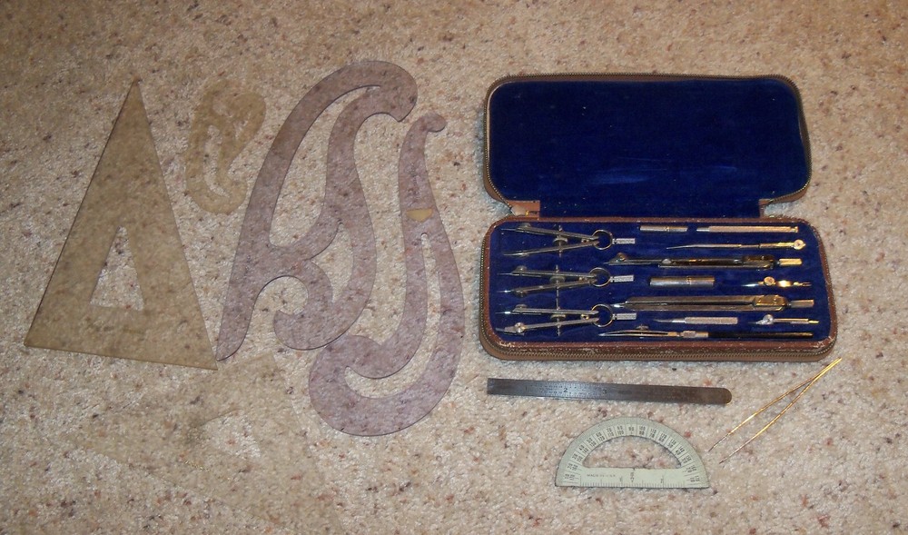 Vintage Tacro 2231 Drafting Tools Case, Curves Triangles Rule Protractor Germany