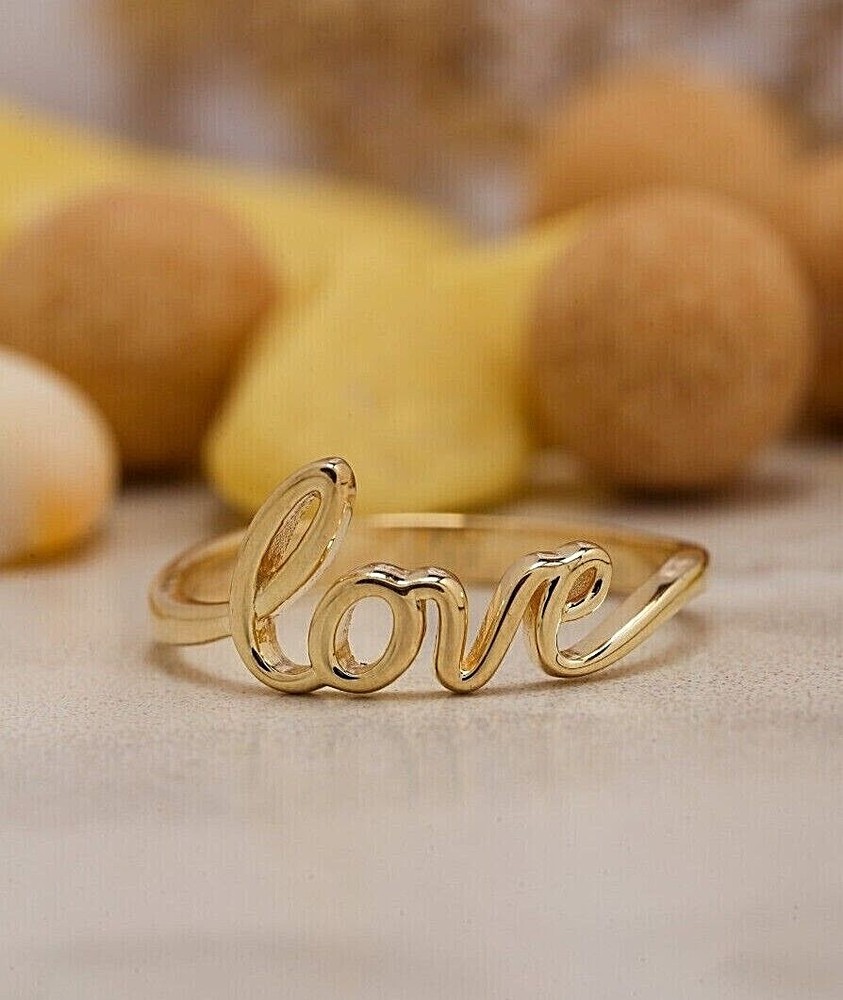 Real 14K Solid Gold Love Ring, Script Love Ring, Dainty Love Ring