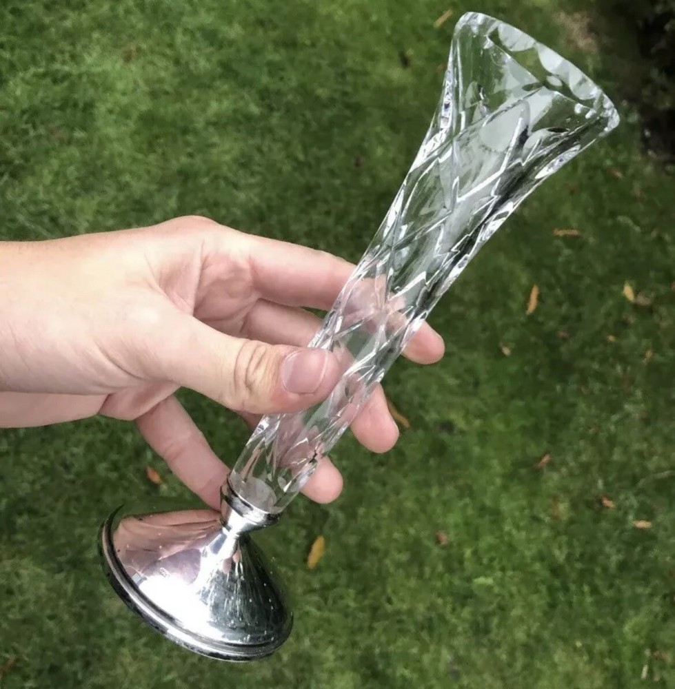 Solid Sterling Silver Hallmarked Crystal Cut Glass Candle Holder Or Vase