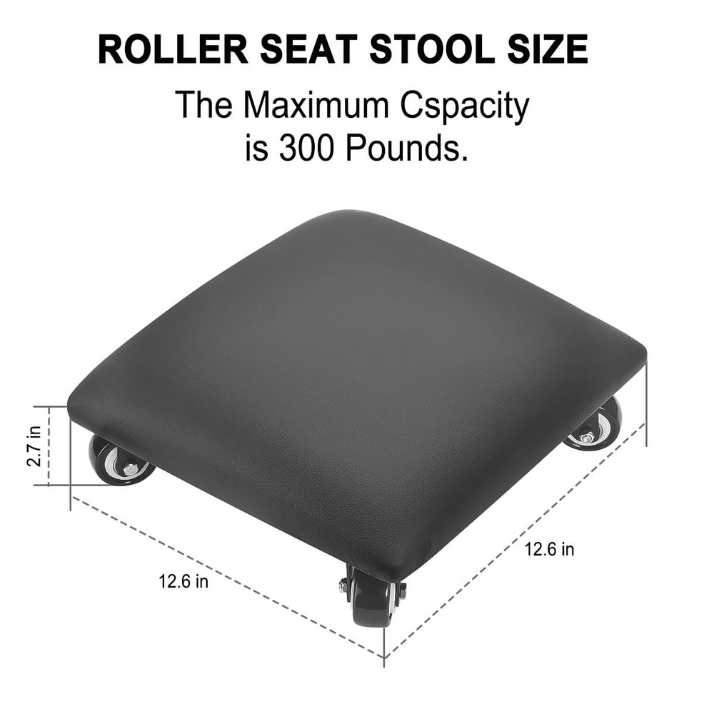 Low Height Rolling Stool Low Roller Seat PU Leather Square Chair Black