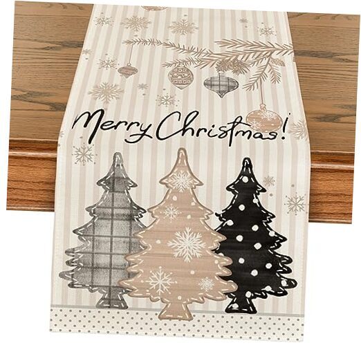 Stripes Pine Trees Merry Christmas Table Runner, 13" x 72", Table Runner Brown