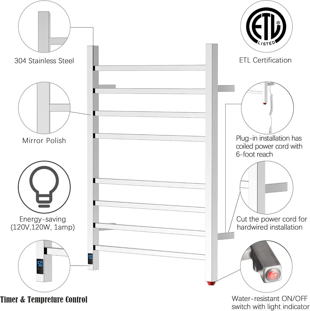 Electric Towel Warmer with Timer & Temperature Control - Wall-Mounted Rack