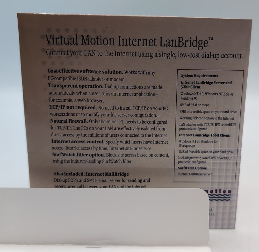 Virtual Motion Internet LanBridge 2 User 56K Disc New 1998