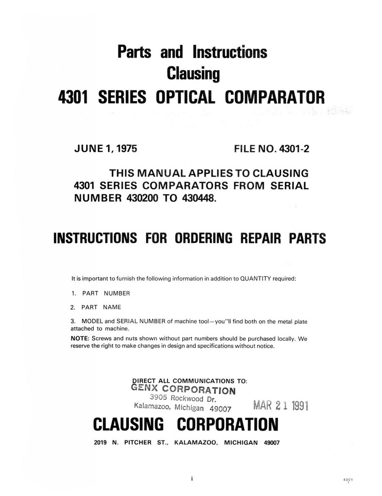Clausing 14" Model 4301 Optical Comparator Instructions & Parts Manual #1848