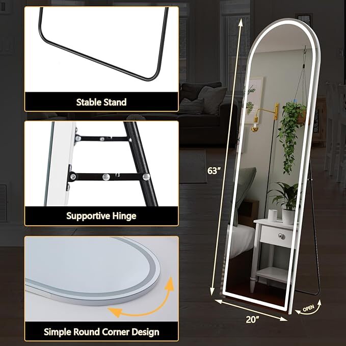 Mirror Full Length Standing Mirror with LED Lights Lighted Floor Standing Mirror