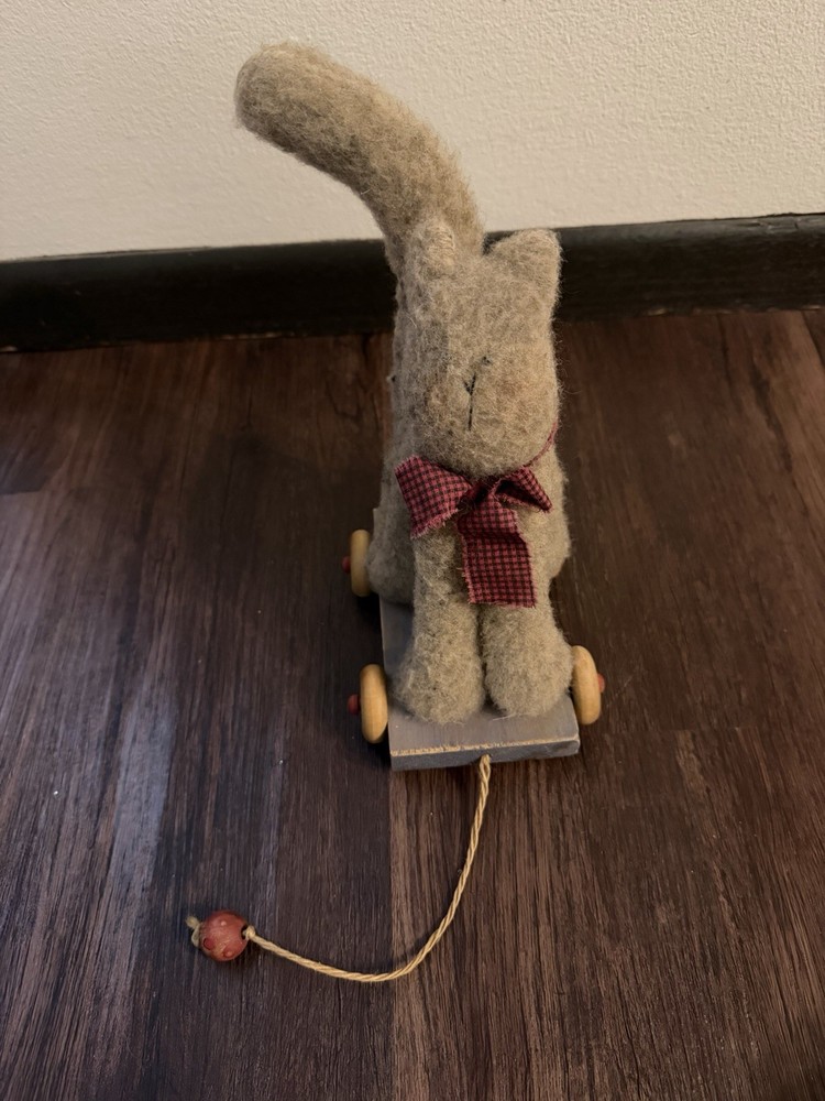 Stuffed Cat Pull Toy with Red Bow and Wheeled Base
