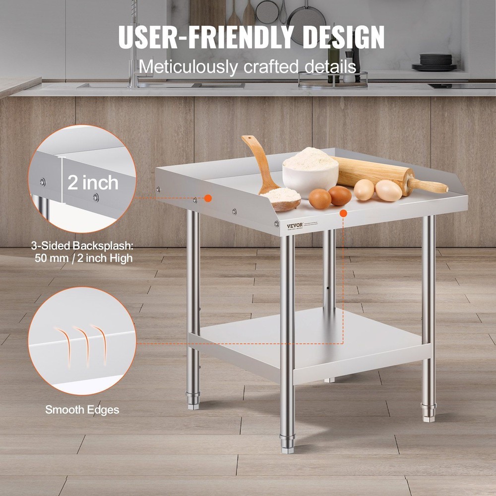 Heavy Duty Stainless Work Table 24x24" Adjustable Height w/3-Sided Backsplash