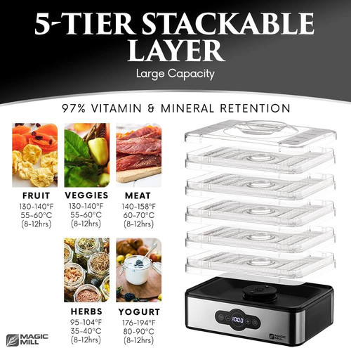 Magic Mill Food Dehydrator Machine | 5 Stackable Stainless Steel Trays silver