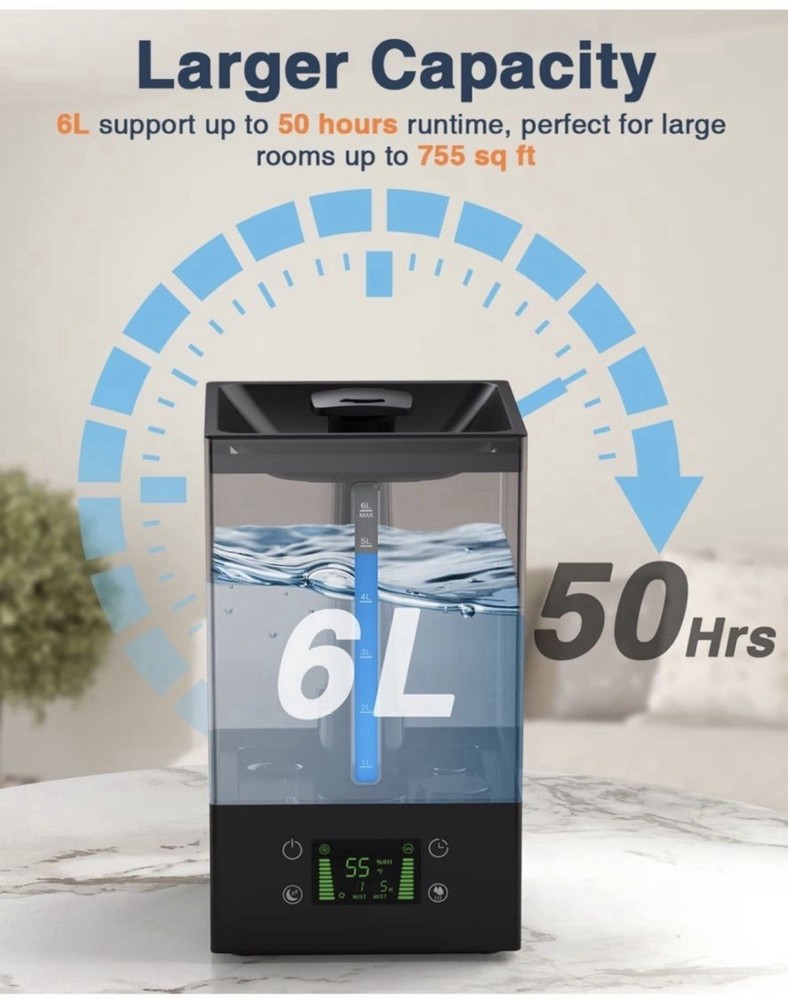 6L Cool Mist Tabletop Humidifier Black Digital Display Timer 360 Nozzle 3 Speeds