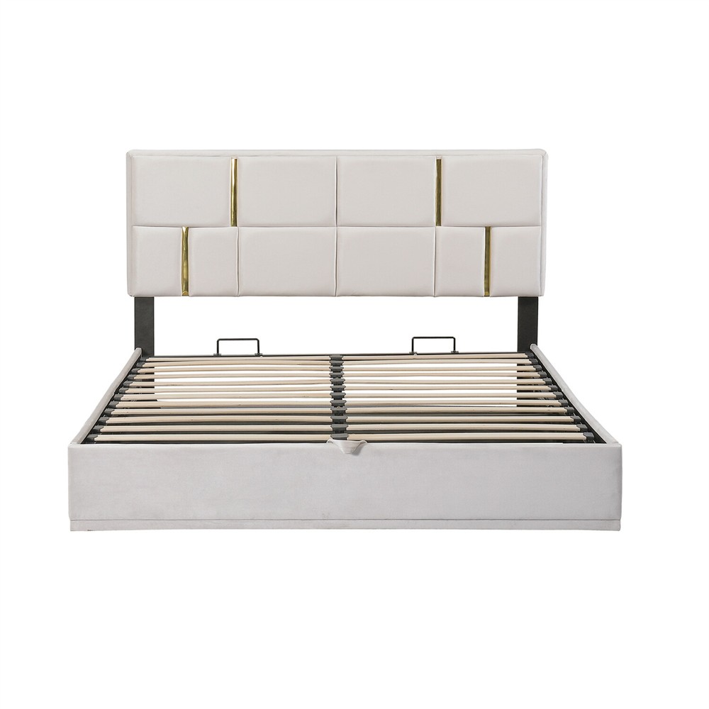 Queen Size Upholstered Platform Bed Frame with Hydraulic Storage System