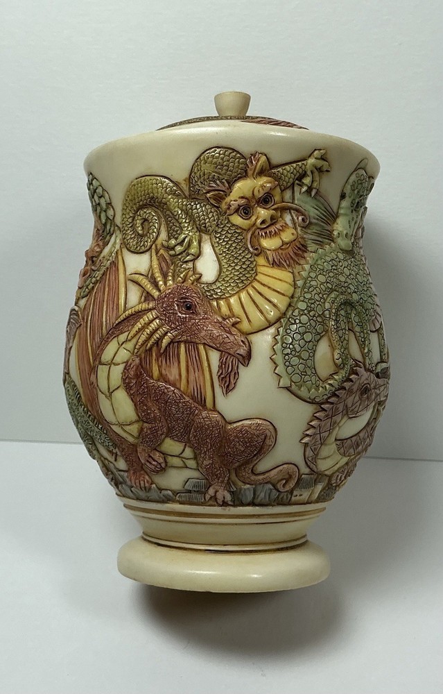 Jardinia Dragon ‘Fire Crackers’ Approximately 5”X6” Lidded Jar