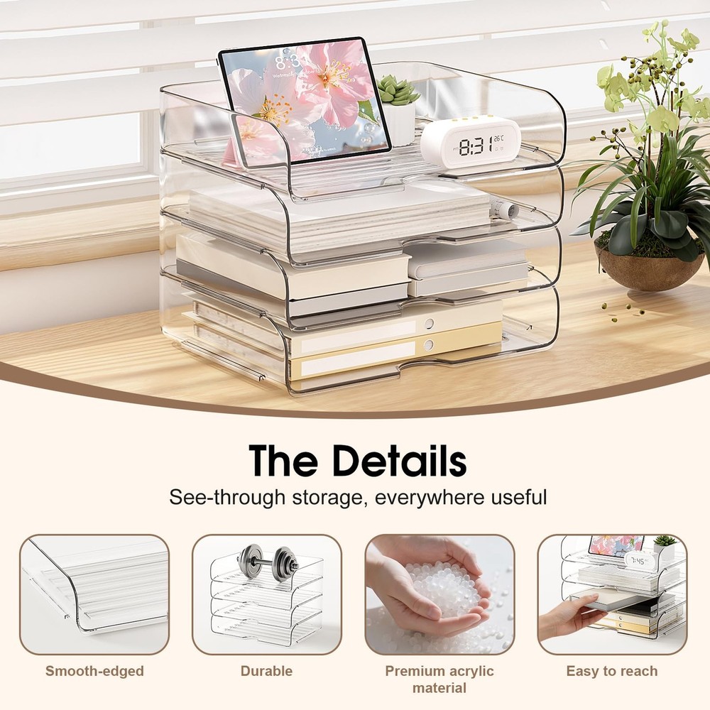 4-Tier Large-Capacity Organizer, Clear Stackable Desk Organizer & Acrylic Tra...