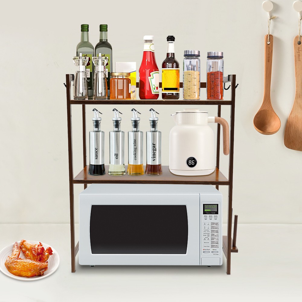 2 Tier 4 Hook Kitchen Storage Rack for Microwave Oven Stand Shelf Organizer