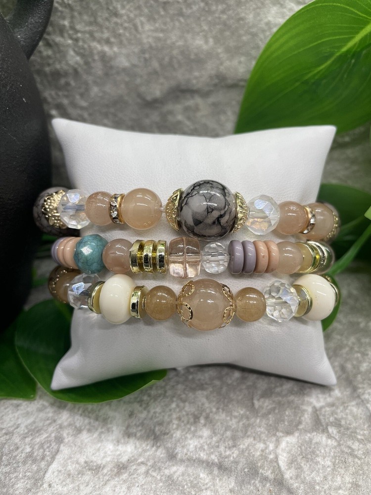 3 PC Handmade Bohemian Beaded Stackable 7” Plus Stretch Bracelet Set New B1694
