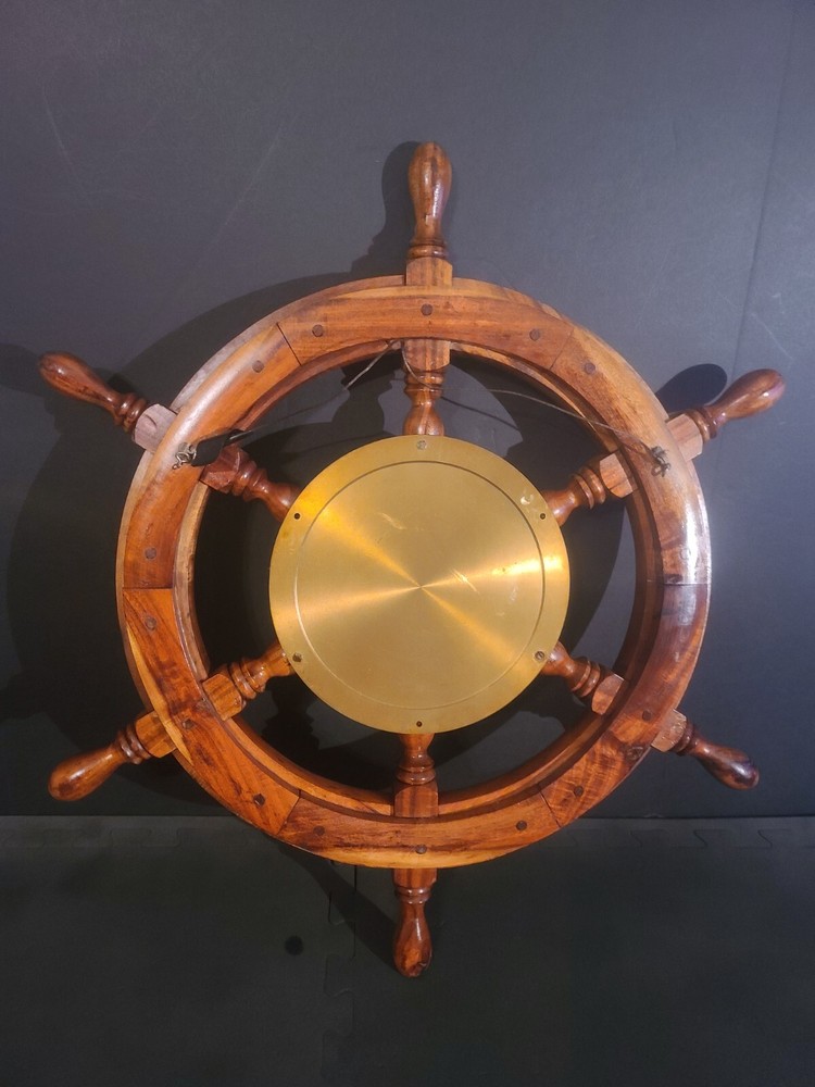 Wood Ships Wheel With Solid Brass Porthole Ships Time Quartz Clock, 24" Diameter