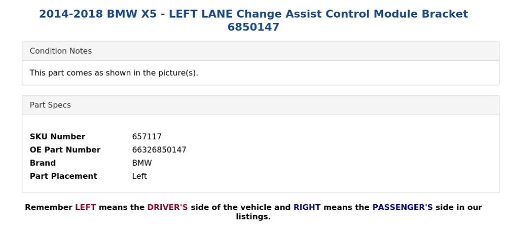 2014-2018 BMW X5 - LEFT LANE Change Assist Control Module Bracket 6850147