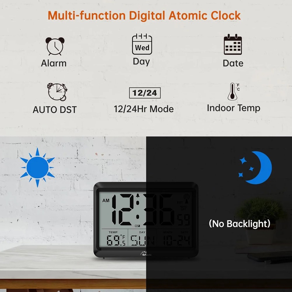 Atomic Digital Wall Clock Large Display Temp Date Day Silent 4 Zone DST