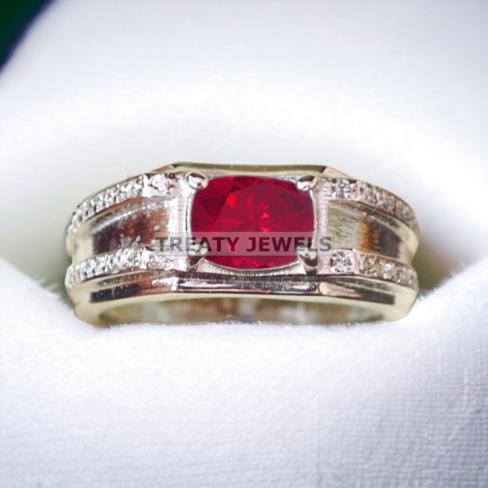 Ruby Oval Cut Gemstone With 14K Solid White Gold Ring For Men's #A531