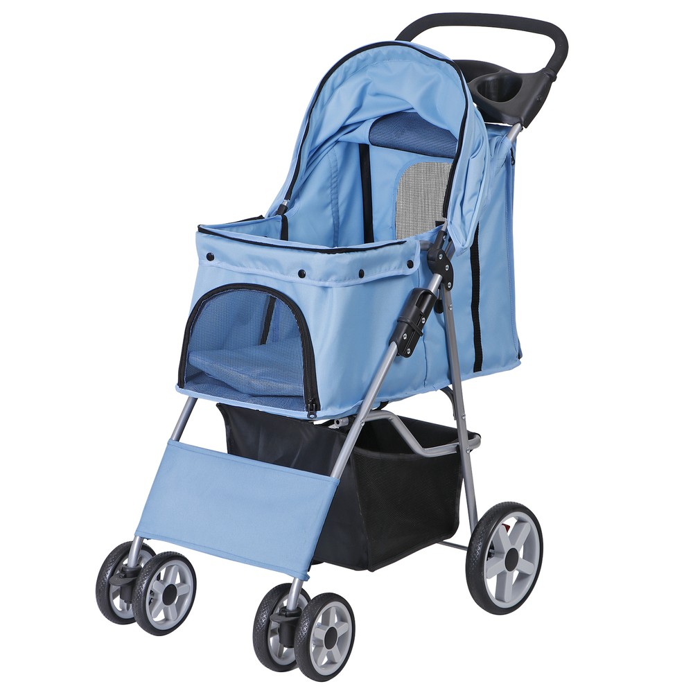 4 Wheel Pet Stroller Foldable Dog Stroller Cat Stroller with Storage Basket Blue