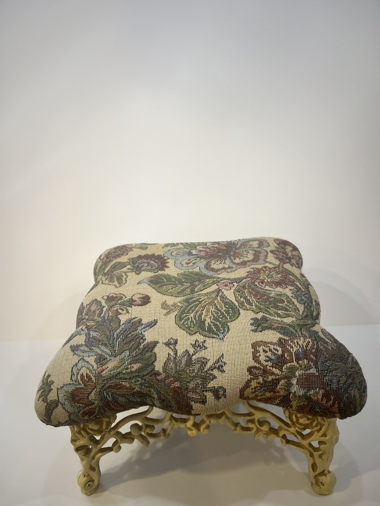 Vtg Solid Ornate Cast Iron Elegant Foot Stool Floral Padded