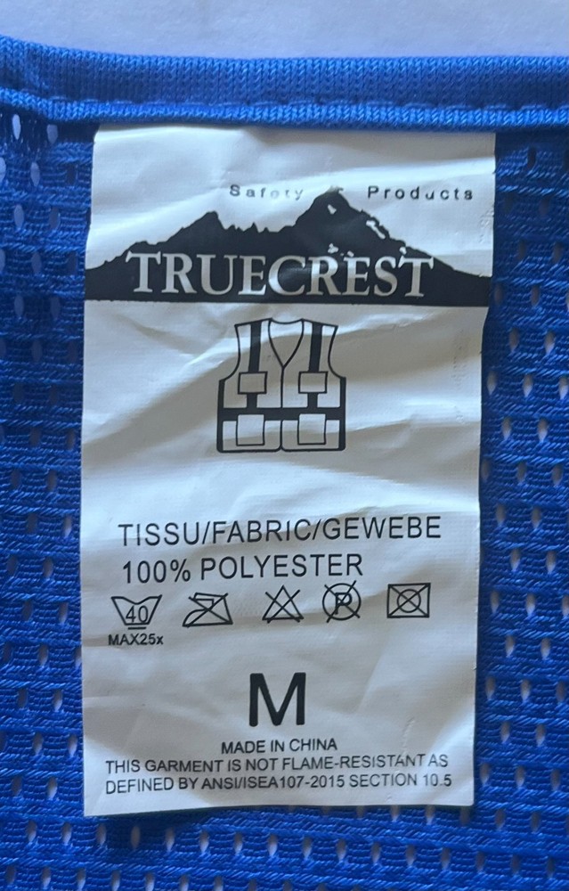 TRUECREST Blue Reflective Safety Vest. Size: MEDIUM 6 Pockets